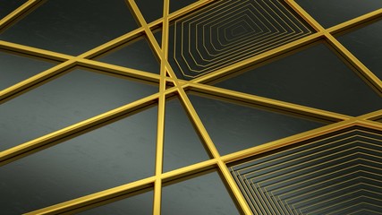 Golden geometric shapes on black background. 3D deco geometric gold. 3D rendering.