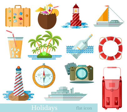 Set of flat vacation and holidays icons isolated on white