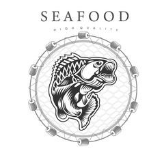 Bent perch in jump, in the center round fishing nets on white background. Logo for fish products or seafood in woodcut style