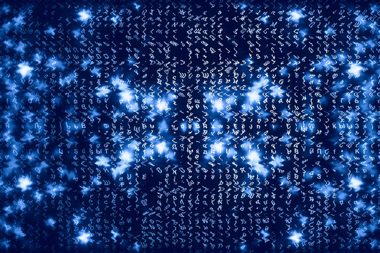 Blue matrix digital background. Abstract cyberspace concept. Characters fall down. Matrix from symbols stream. Virtual reality design. Complex algorithm data hacking. Cyan digital sparks.
