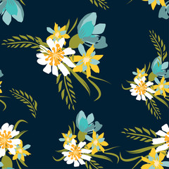 Seamless pattern with small flowers on a dark background. Modern and Trendy fashionable floral texture for fabric, wallpaper, interior, tiles, print, textiles, packaging and various types of design