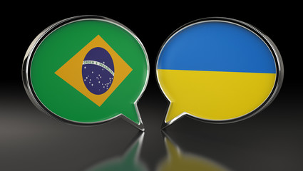 Brazil and Ukraine flags with Speech Bubbles. 3D Illustration