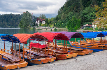 Traditional wooden flat-bottom vibrant boats 
