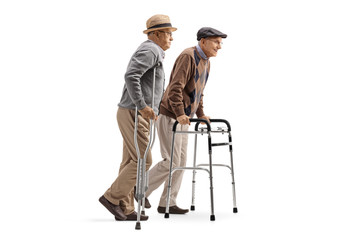 Two elderly men walking with crutches and walker - obrazy, fototapety, plakaty