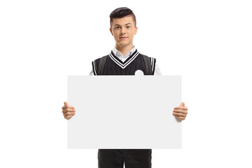 Male student holding a blank signboard