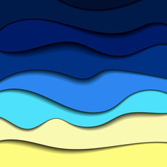 Summer vacation marine paper cut background. Blue flat waves and yellow sand. Seasonal sea image. Smooth lines, bright colors, pure water. Copy space. Beach sunny landscape. Vector stock illustration