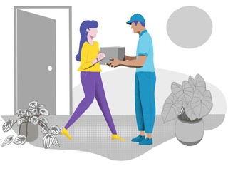 Delivery man with uniform send the shopping online box to the customer at her home