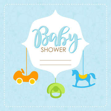 Cute baby shower arrival card with colorful boy toys on blue background. Design template for greeting, invitation, banner. Congratulations to the newborn boy. Vector illustration in flat style
