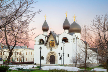 Fototapeta na wymiar Moscow, Russia, Marfo-Mariinsky monastery of mercy. Holy protection Cathedral. The ensemble of the Martha and Mary monastery, built in the neo-Russian style, with two belfries, each of which is crowne