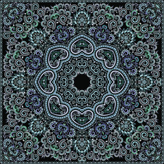Biker classy bandana.  Turquoise floral ornamental   pattern with  geometric signs. Vector print square -dark background.