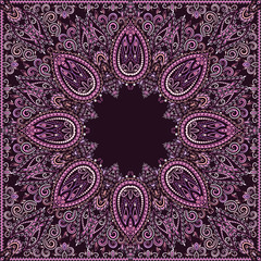 Biker classy bandana.  Burgundy floral ornamental   pattern with  geometric signs. Vector print square -dark background.
