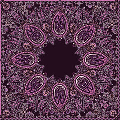 Biker classy bandana.  Burgundy floral ornamental   pattern with  geometric signs. Vector print square -dark background.