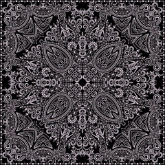 Biker classy bandana.  Black and white   pattern with flowers and geometric signs. Vector print square -black background.