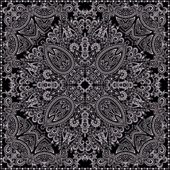 Biker classy bandana.  Black and white   pattern with flowers and geometric signs. Vector print square -black background.