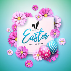 Happy Easter Holiday Design with Painted Egg and Spring Flower on Blue Background. International Vector Celebration Illustration with Typography for Greeting Card, Party Invitation or Promo Banner.