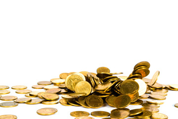 Movement of falling gold coin, flying coin, rain money isolated on white background, business and financial wealth and take profit concept.