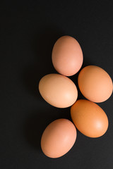 Eggs at black background top view. Copy space for text concept.