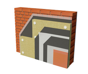 3d render image of insulated house wall. Detailed concept of insulation, showing all layers.
