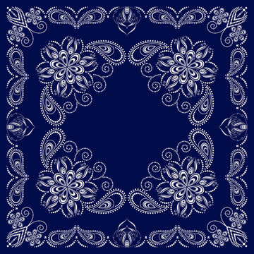 Bandana paisley design - blue and white  ornament. Traditional ethnic floral pattern. Vector print square.