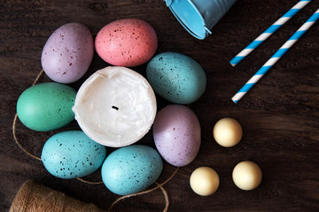 tools for painting eggs for Easter on a black background, handmade