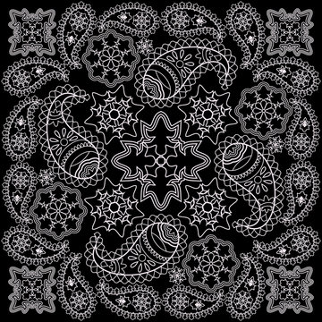 Bandana paisley design - black and white pattern. Traditional ethnic geometric ornament. Vector print square.
