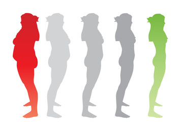 Vector conceptual fat overweight obese female vs slim fit healthy body after weight loss or diet with muscles thin young woman isolated. Fitness, nutrition or fatness obesity, health silhouette shape