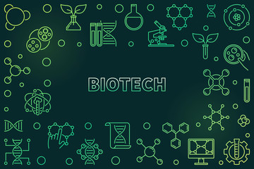 Biotech concept green horizontal frame or illustration in thin line style on dark background