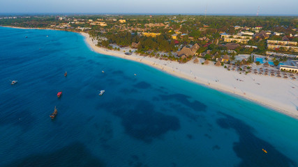 Paradise tropical island white sand beach Zanzibar aerial view