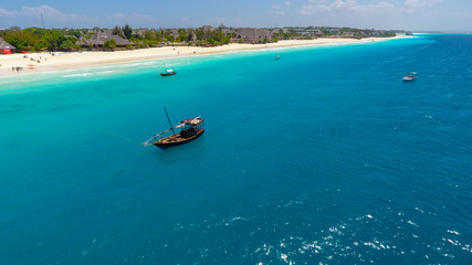 Paradise tropical island white sand beach Zanzibar aerial view