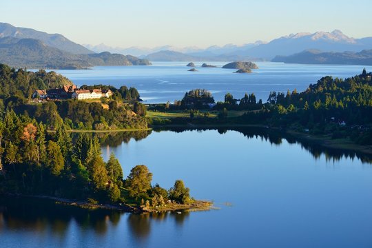 Llao Llao Hotel between Lago Perito Moreno and Lago Nahuel Huapi with morning sun, back Andes, province Rio Negro, Patagonia, Argentina, South America