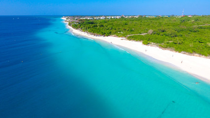 Paradise tropical island white sand beach Zanzibar aerial view