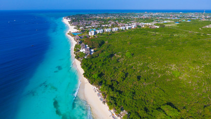 Fototapeta na wymiar Paradise tropical island white sand beach Zanzibar aerial view