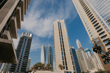 January 02, 2019 . Panoramic view with modern skyscrapers and water pier of Dubai Marina , United Arab Emirates