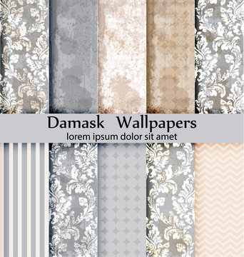 Damask patterns set collection Vector. Baroque ornament grunge background. Vintage decor. Trendy color fabric textures