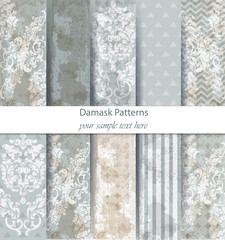 Damask patterns set collection Vector. Baroque ornament grunge background. Vintage decor. Trendy color fabric textures