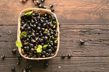Fototapeta na wymiar Close up of the fresh black currant in the bowl and a green leaf.