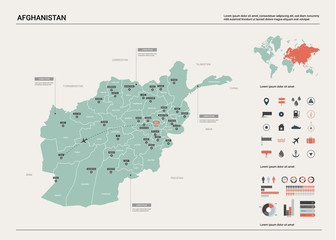 Vector map of Afghanistan .  High detailed country map with division, cities and capital Kabul. Political map,  world map, infographic elements.