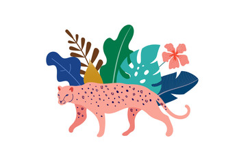 Tropical exotic animals and birds - leopards, tigers, parrots and toucans vector illustration. Wild animals in the jungle, rainforest