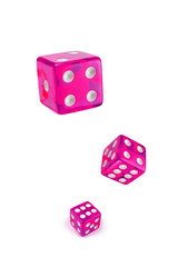 Three pink game dice isolated on white background. Six and flying in the air, view from above.