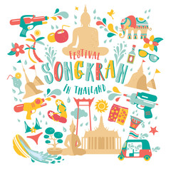 Fototapeta premium Songkran festival, Thailand New Year, Illustration of cute iconc celebrating. Flat design.