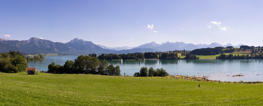 Forggensee, lake and Allgau Alps, Halblech, Ostallgau, Allgau, Swabia, Bavaria, Germany, Europe