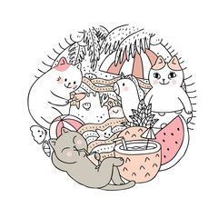 Cartoon cute summer and cat  vector. Doodle circle frame.
