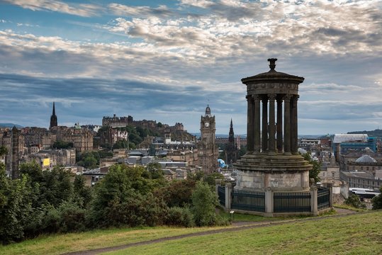 Dugald Stewart Monument, view from Calton Hill across historic centre and Edinburgh Castle, Edinburgh, Scotland, United Kingdom, Europe