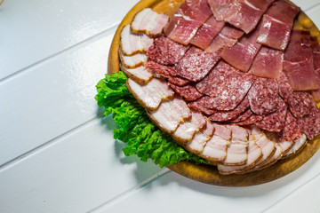 Meat plate set with salami, bacon, hamon