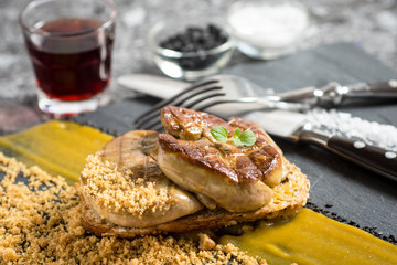 Foie Gras with Mango Puree on Dark Stone Background. French Cuisine Duck Liver Dish. - 259492517