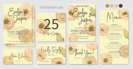 Wedding menu, information, label, table number and place card design with eustoma  cream flowers, pattern. Vector template set. Decorative vertical rectangle. Trendy 2019 color collection. Editable.