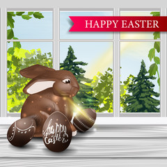 Happy Easter, postcard with spring landscape from the window of the house and chocolate Easter Bunny