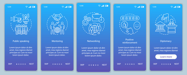Communication skills onboarding mobile app page screen vector te