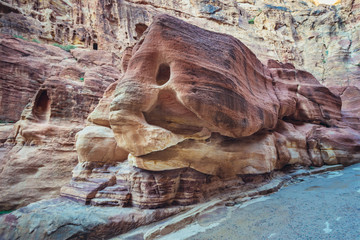 Elephant shpased rock in co called Siq narrow passage to ancient Petra city in Jordan © Fotokon