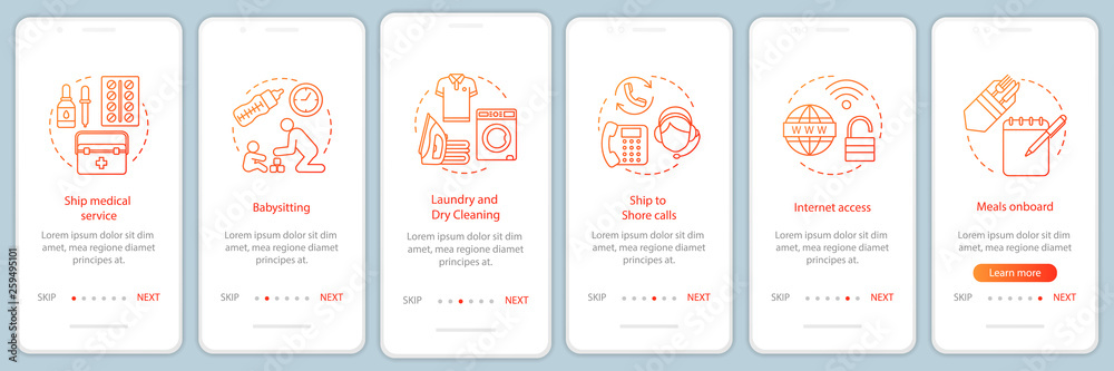 Wall mural cruise facilities onboarding mobile app page screen with linear concepts
